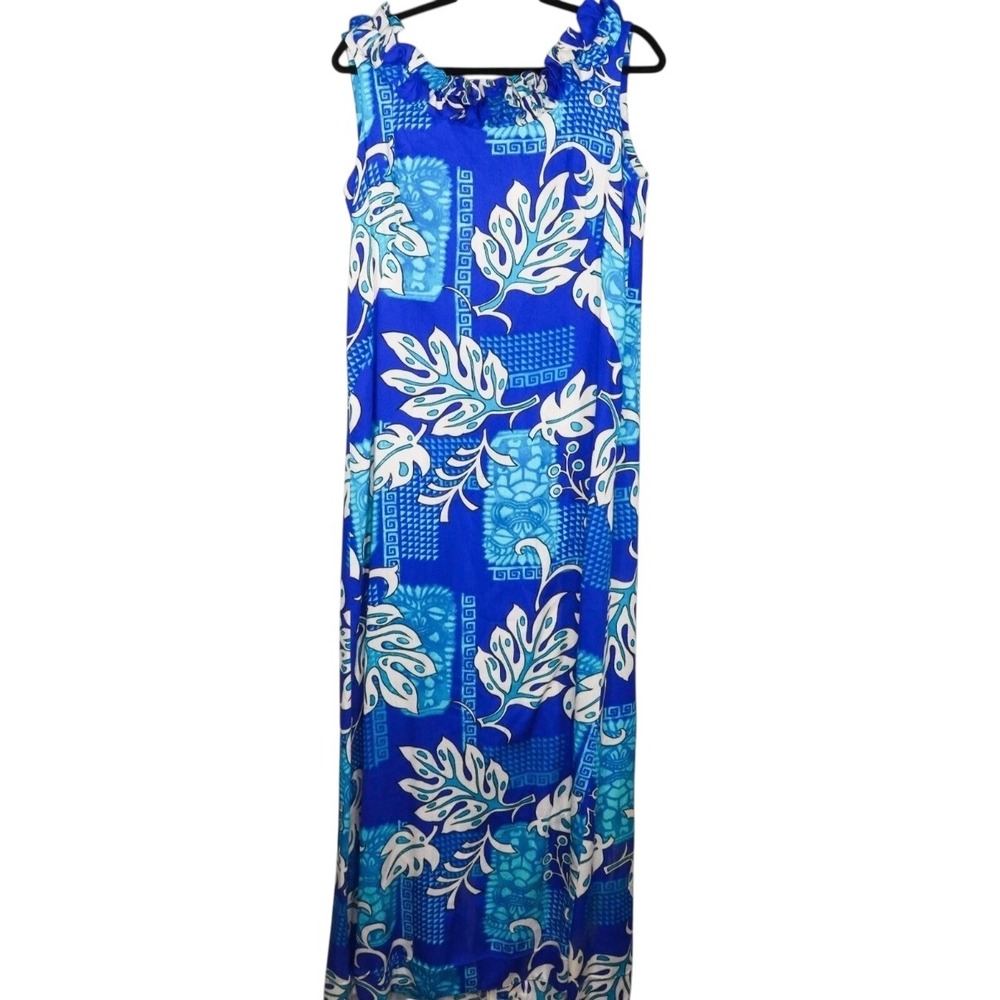 Vintage Hale Muu Ala Moana Maxi Dress Size M Blue Floral Ruffle Neckline Hawiian